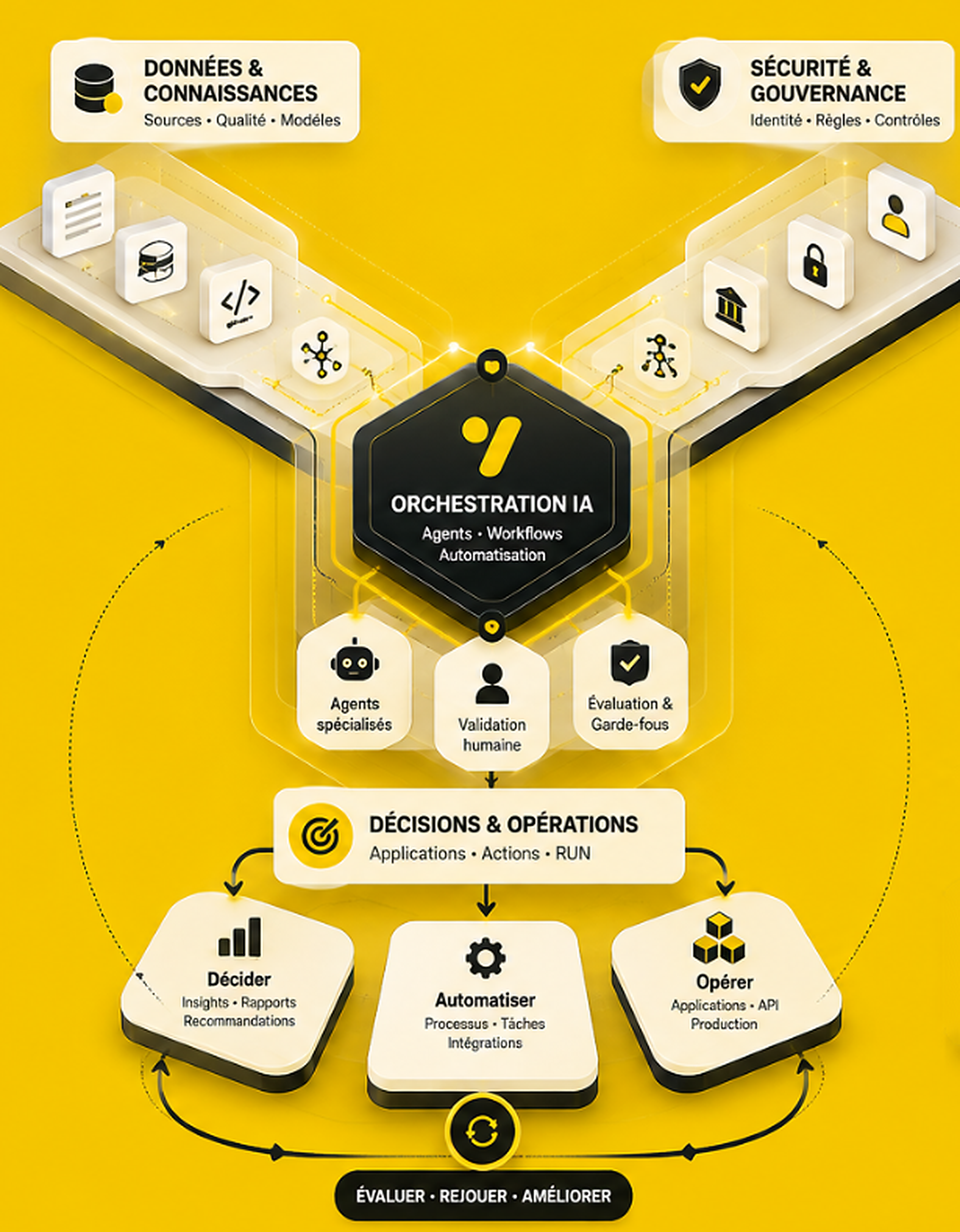 Les données et la gouvernance convergent vers une orchestration IA avec agents, workflows, validation et évaluation, afin de décider, automatiser et opérer en amélioration continue.