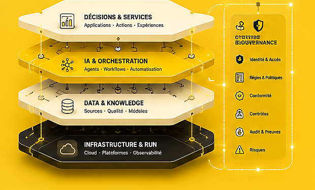 Architecture en couches montrant la gouvernance et la cybersécurité appliquées à l’infrastructure, la Data, l’IA et les services.